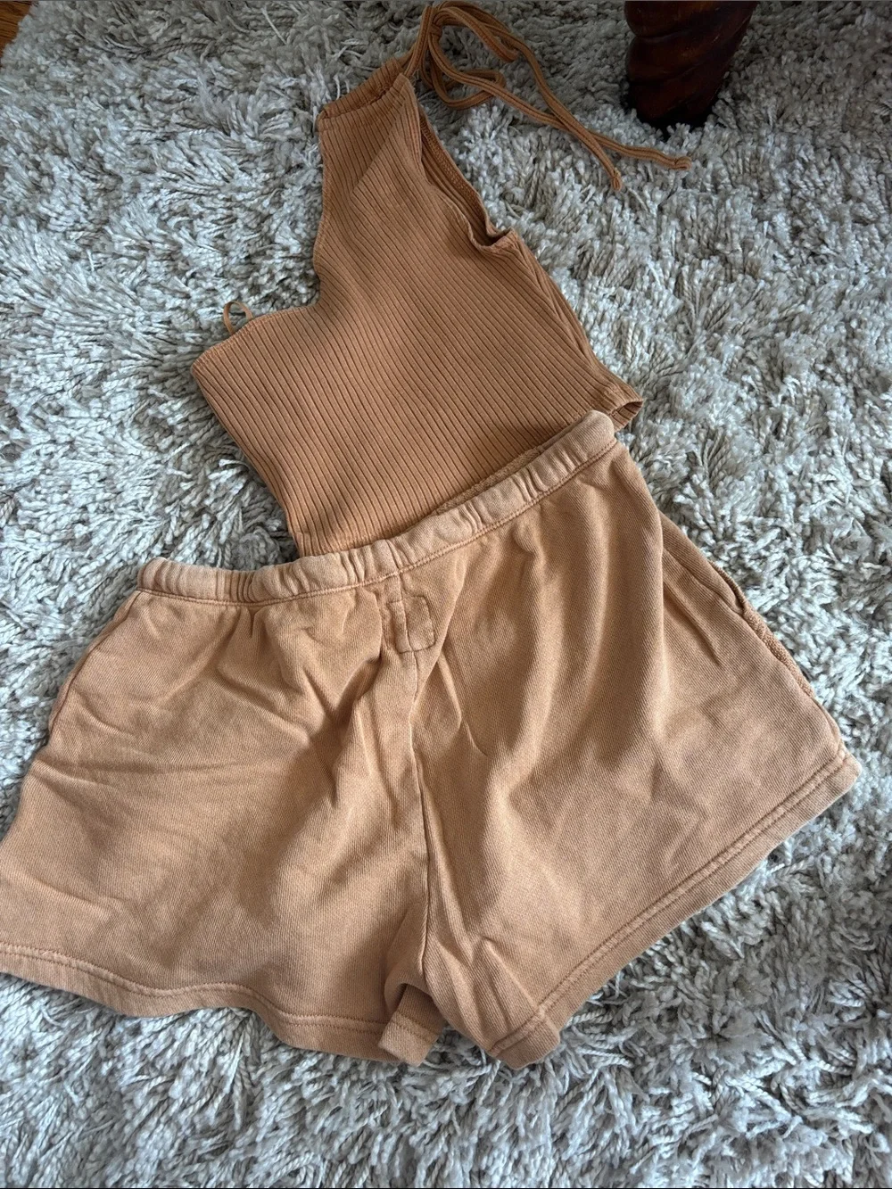 aerie One-Shoulder Ribbed Crop Top & Drawstring Terry Shorts Set - Rust/Copper